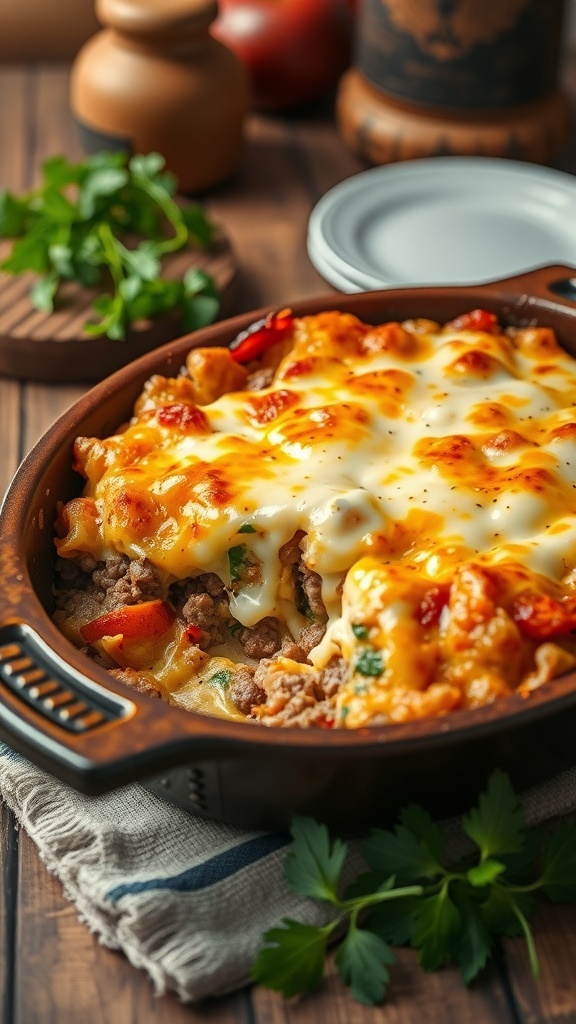 A hearty oven casserole with meat, vegetables, and melted cheese in a rustic dish.